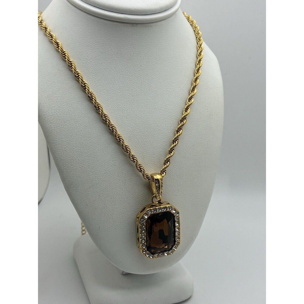 Deep Champagne Rectangular Pendant On Snake Chain Custume 18” Chain Gold Tone